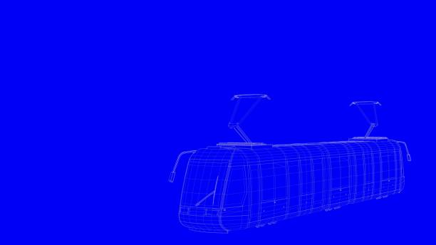 istock 3d rendering of a blue print train in white lines on a blue background 869618422