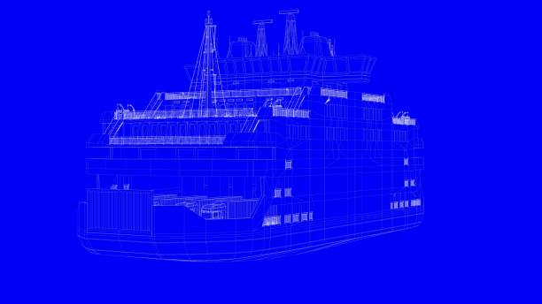 istock 3d rendering of a blue print ship in white lines on a blue background 869618764