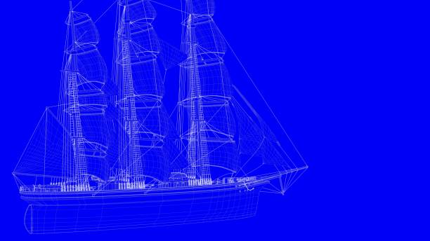 istock 3d rendering of a blue print sail boat in white lines on a blue background 869618978