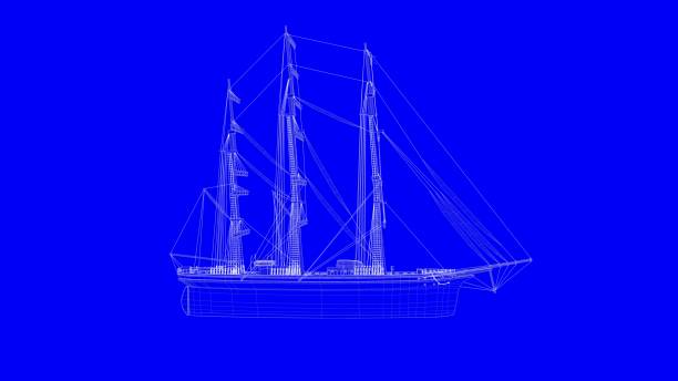 istock 3d rendering of a blue print sail boat in white lines on a blue background 869619340