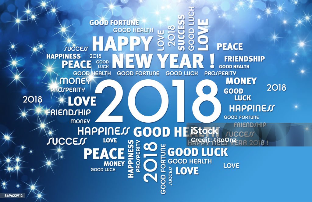 2018 Greeting card Greeting words around year 2018 typescript on a festive blue background 2017 Stock Photo