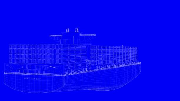 istock 3d rendering of a blue print ship in white lines on a blue background 869626976