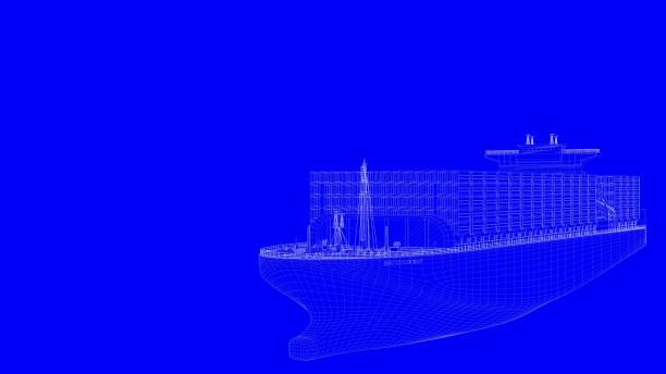 istock 3d rendering of a blue print ship in white lines on a blue background 869628934