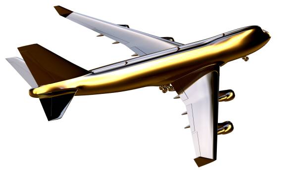 istock 3d rendering of a golden airplane on isolated on a white background 869629514