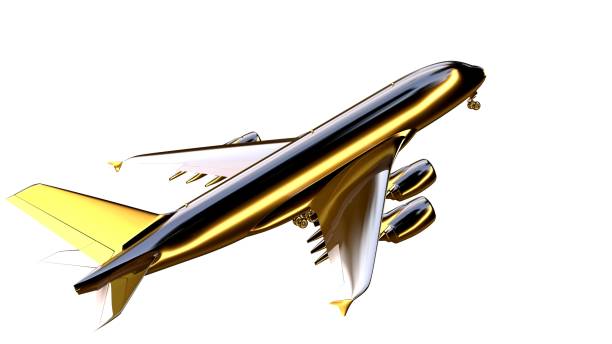 istock 3d rendering of a golden airplane on isolated on a white background 869629712