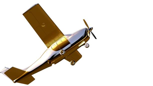 istock 3d rendering of a golden airplane on isolated on a white background 869630036