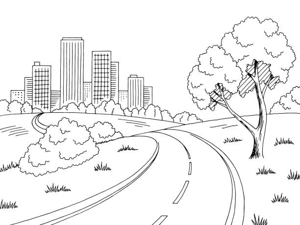 도 시 그래픽 블랙 화이트 도시 풍경 스케치 그림 벡터 - road street hill landscape stock illustrations