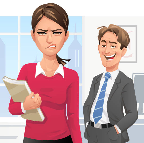 Workplace Harassment Vector illustration of a man shouting rude words to a young woman walking by in the office. The woman is ignoring it and is looking angry, disgusted and frustrated. Concept for workplace harassment, bullying, cat-calling, verbal sexual harassment and sex discrimination. disgusted stock illustrations