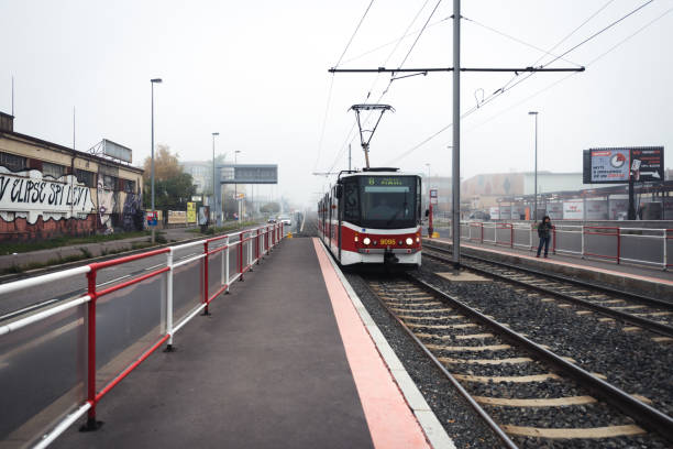 Prague, Czech Republic- October 18, 2017: Tram number 8 in Prague in a foggy morning, Czech Republic