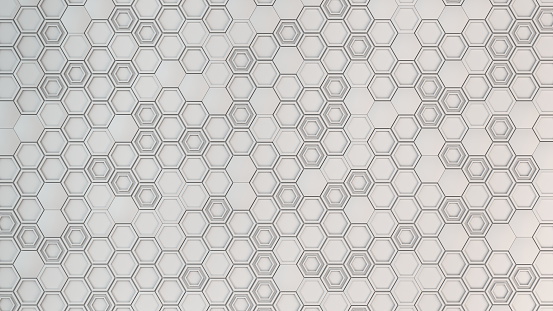 Abstract 3d background made of white hexagons. Wall of hexagons. Honeycomb pattern. 3D render illustration