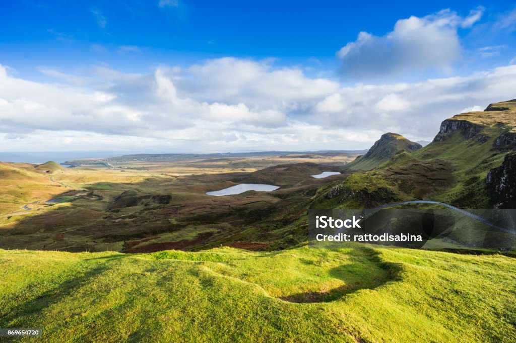 Landscape view of Quiraing mountains on Isle of Skye, Scottish highlands, Scotland, United Kingdom Beauty Stock Photo