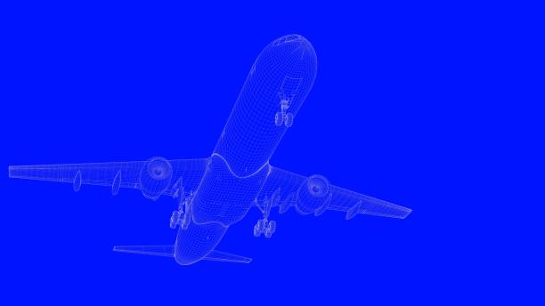 istock 3d rendering of a blue print airplane in white lines on a blue background 869658424