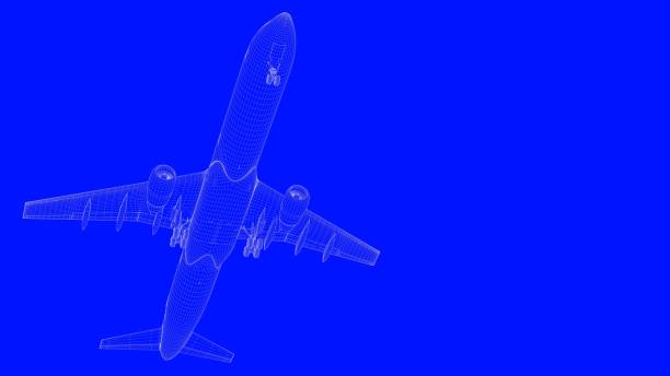 istock 3d rendering of a blue print airplane in white lines on a blue background 869658508