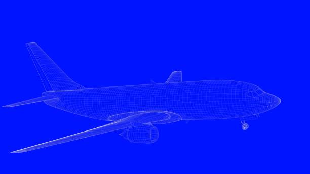 istock 3d rendering of a blue print airplane in white lines on a blue background 869658584