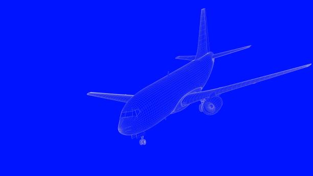 istock 3d rendering of a blue print airplane in white lines on a blue background 869658616