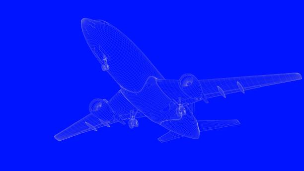 istock 3d rendering of a blue print airplane in white lines on a blue background 869658662