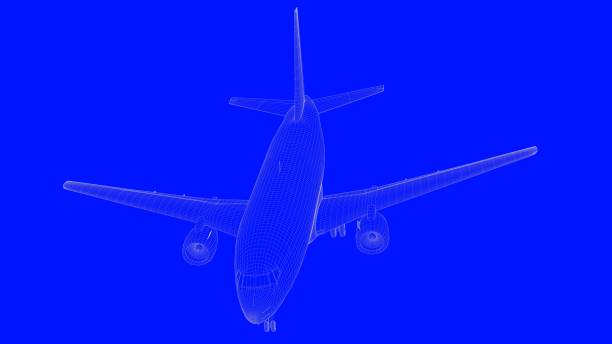 istock 3d rendering of a blue print airplane in white lines on a blue background 869658702