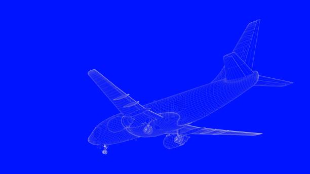 istock 3d rendering of a blue print airplane in white lines on a blue background 869658742