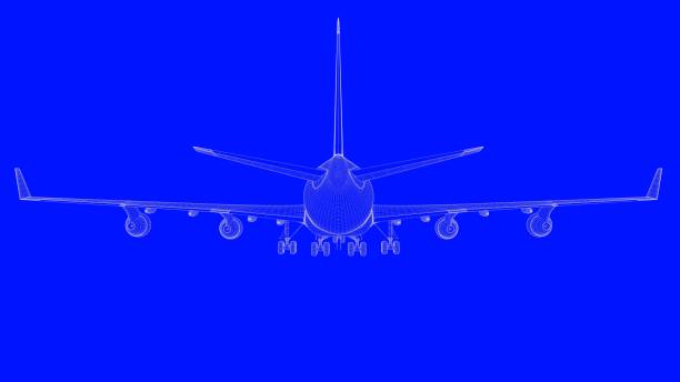 istock 3d rendering of a blue print airplane in white lines on a blue background 869658764