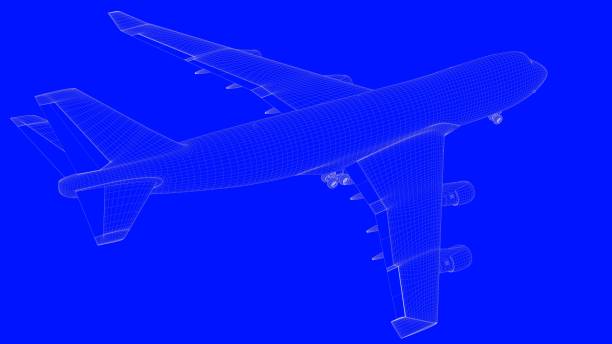 istock 3d rendering of a blue print airplane in white lines on a blue background 869658848