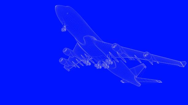 istock 3d rendering of a blue print airplane in white lines on a blue background 869659082