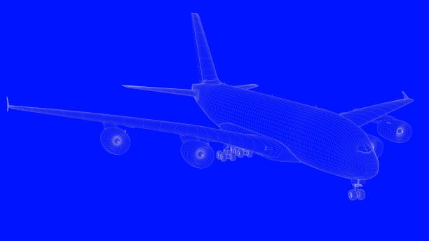 istock 3d rendering of a blue print airplane in white lines on a blue background 869661648