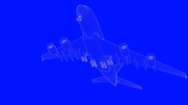 istock 3d rendering of a blue print airplane in white lines on a blue background 869661734