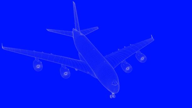 istock 3d rendering of a blue print airplane in white lines on a blue background 869661814