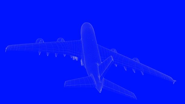 istock 3d rendering of a blue print airplane in white lines on a blue background 869661914