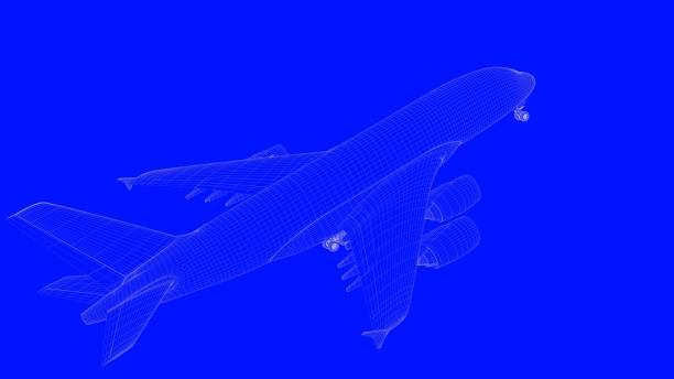 istock 3d rendering of a blue print airplane in white lines on a blue background 869661940