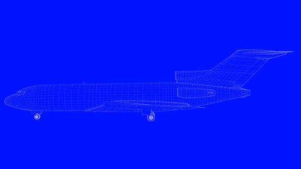 istock 3d rendering of a blue print airplane in white lines on a blue background 869661956