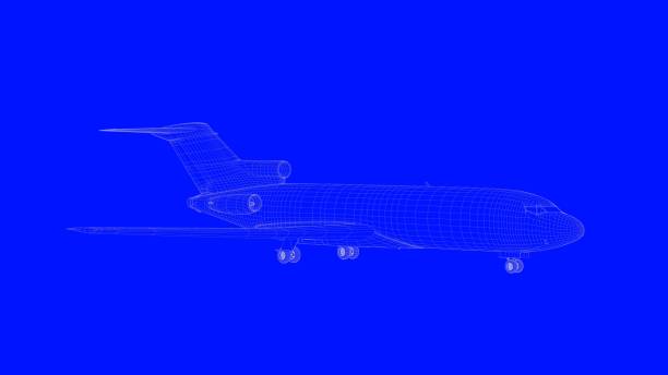 istock 3d rendering of a blue print airplane in white lines on a blue background 869662082
