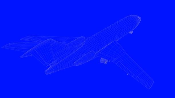 istock 3d rendering of a blue print airplane in white lines on a blue background 869662208