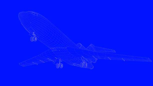 istock 3d rendering of a blue print airplane in white lines on a blue background 869662258