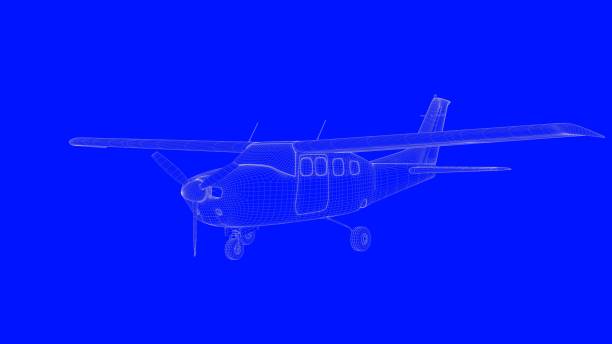 istock 3d rendering of a blue print airplane in white lines on a blue background 869662364