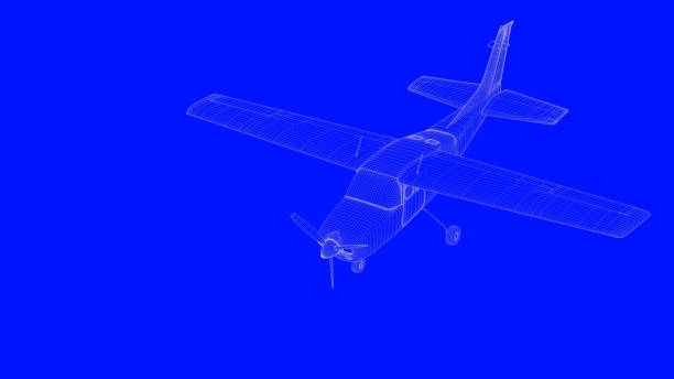 istock 3d rendering of a blue print airplane in white lines on a blue background 869662404