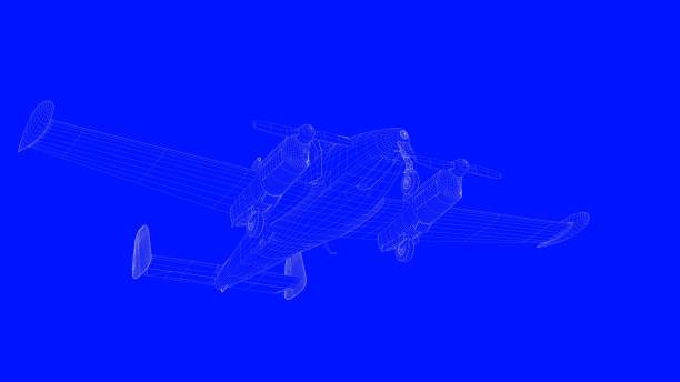 istock 3d rendering of a blue print airplane in white lines on a blue background 869662528