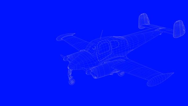 istock 3d rendering of a blue print airplane in white lines on a blue background 869662594