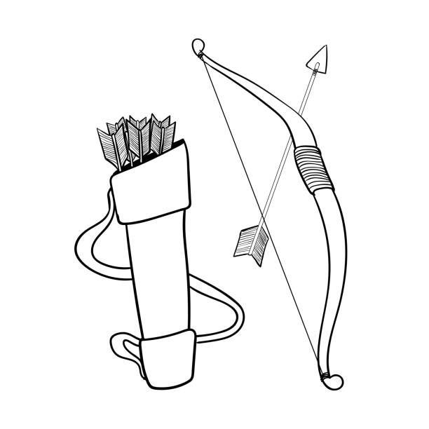 рука обращается стрелки лук и случай-вектор иллюстрация - duotone aiming hunter bow and arrow stock illustrations