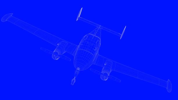 istock 3d rendering of a blue print airplane in white lines on a blue background 869662614