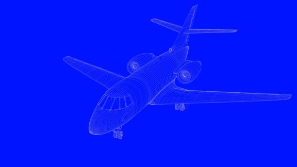 istock 3d rendering of a blue print airplane in white lines on a blue background 869662712
