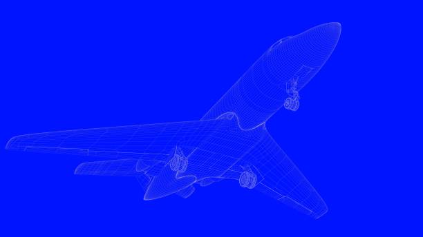 istock 3d rendering of a blue print airplane in white lines on a blue background 869662750