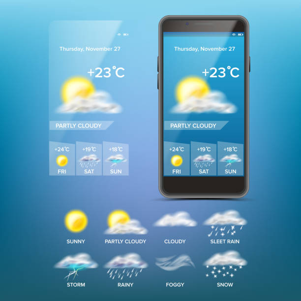 illustrazioni stock, clip art, cartoni animati e icone di tendenza di vettore dell'app previsioni meteo. set icone meteo. sfondo blu. schermata dell'applicazione meteo mobile. illustrazione - sun weather symbol computer icon