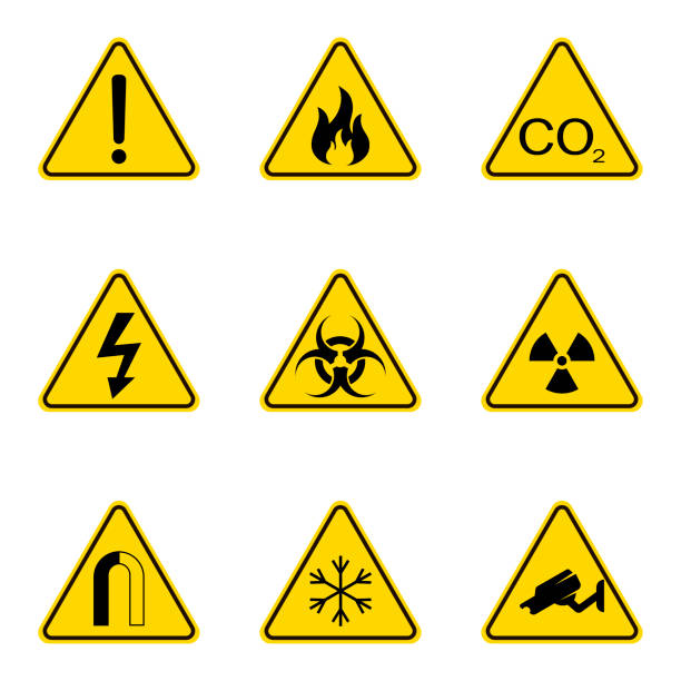 illustrazioni stock, clip art, cartoni animati e icone di tendenza di set di segnali di avvertimento triangolari. icona del segnale stradale di avviso. segnale di attenzione per l'avvertimento di pericolo. sfondo giallo - pling