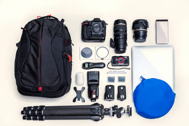 Bag and camera set Bag and camera set on white background photographic equipment stock pictures, royalty-free photos & images