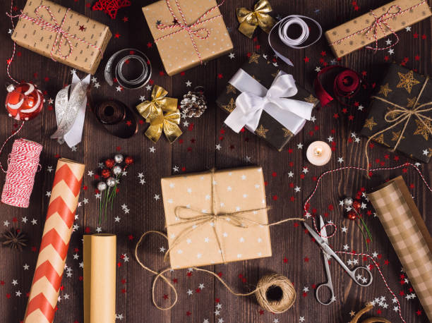 istock Package christmas gift box new year christmas packaging wrapping paper 869666560
