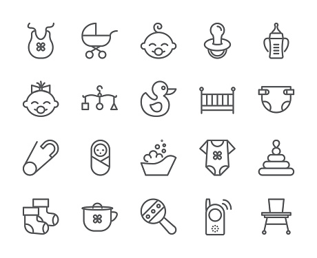 Baby theme pixel perfect 48X48 icons. Pictograms of baby, pram, crib, mobile, toys, rattle, bottle, diaper, bathtub, cloth, bib and other newborn related elements. Line out symbols Simple silhouette