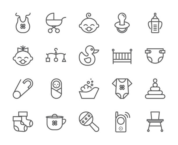 Baby theme pixel perfect 48X48 icons. Pictograms of baby, pram, crib, mobile, toys, rattle, bottle, diaper, bathtub, cloth, bib and other newborn related elements. Line out symbols. Baby theme pixel perfect 48X48 icons. Pictograms of baby, pram, crib, mobile, toys, rattle, bottle, diaper, bathtub, cloth, bib and other newborn related elements. Line out symbols Simple silhouette baby carriage stock illustrations