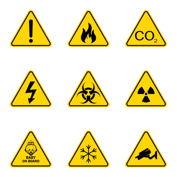 illustrazioni stock, clip art, cartoni animati e icone di tendenza di set di segnali di avvertimento triangolari. icona del segnale stradale di avviso. segnale di attenzione per l'avvertimento di pericolo. sfondo giallo - pling