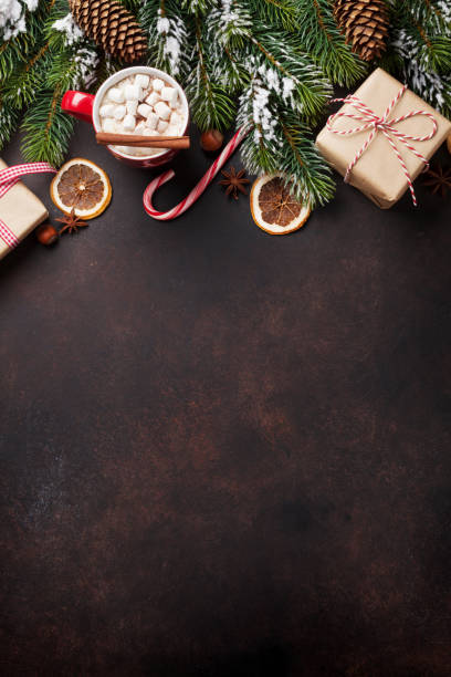 christmas background with hot chocolate and marshmallow - hard candy candy fruit nobody imagens e fotografias de stock